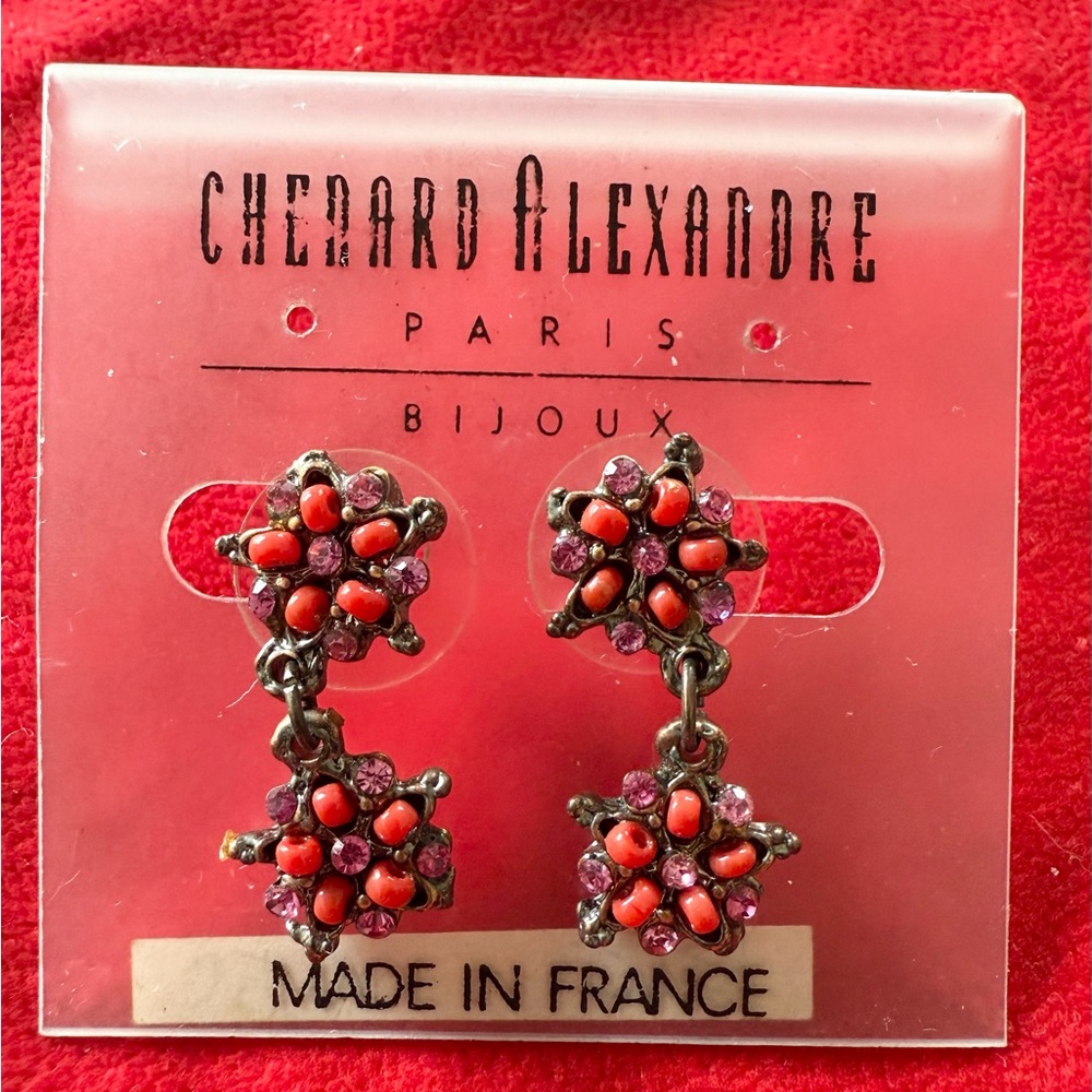 New CHENARD ALEXANDRE PARIS Pink Crystals with Red Beads Starlet Earrings